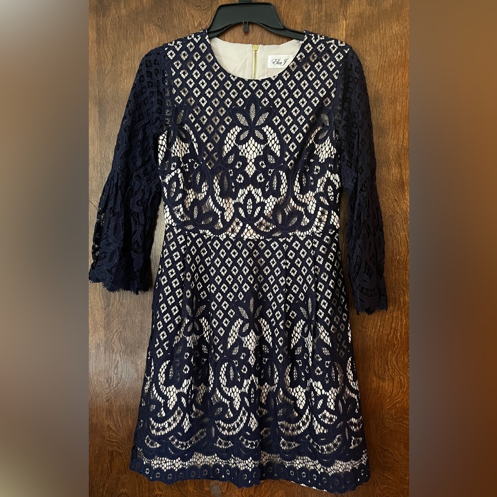 Eliza J Elegant Navy Lace Dress with gold accent zipper